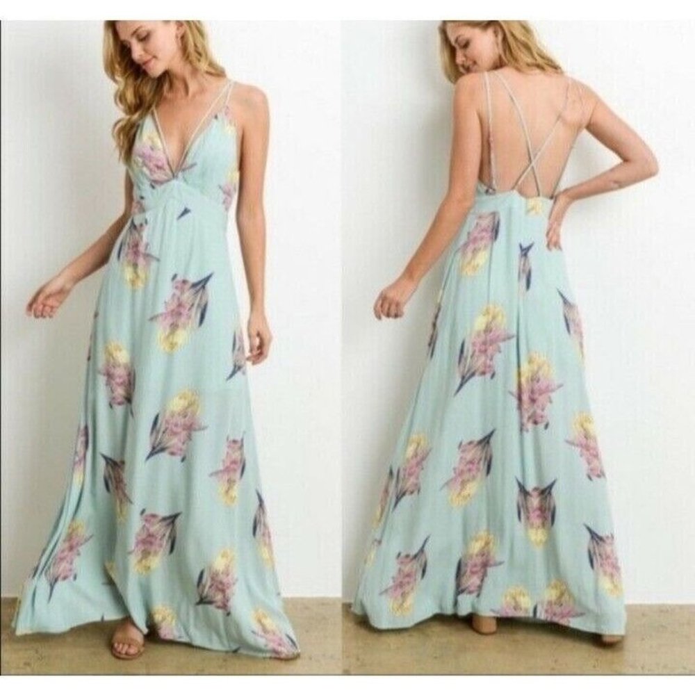 Floral Light Blue Maxi Dress with Strappy Back